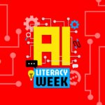 AI Literacy Week logo on a red circuit board background.