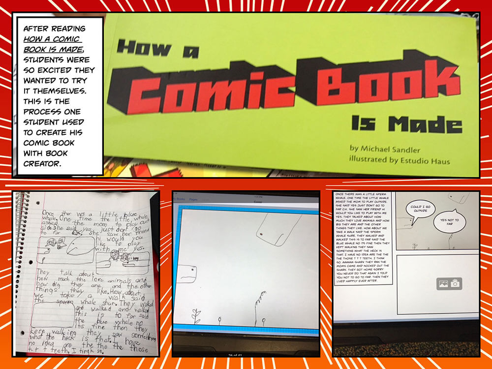 Collage-style image showing a student's comic book creation process using the Book Creator app. At the top, a book titled 'How a Comic Book Is Made' by Michael Sandler is featured. Below, three panels show different stages of the comic creation: a handwritten draft with illustrations in a notebook, a partially drawn comic panel on the Book Creator app, and a finished comic panel with typed dialogue. The background features a vibrant red comic-style design with white burst lines, emphasizing creativity and excitement.