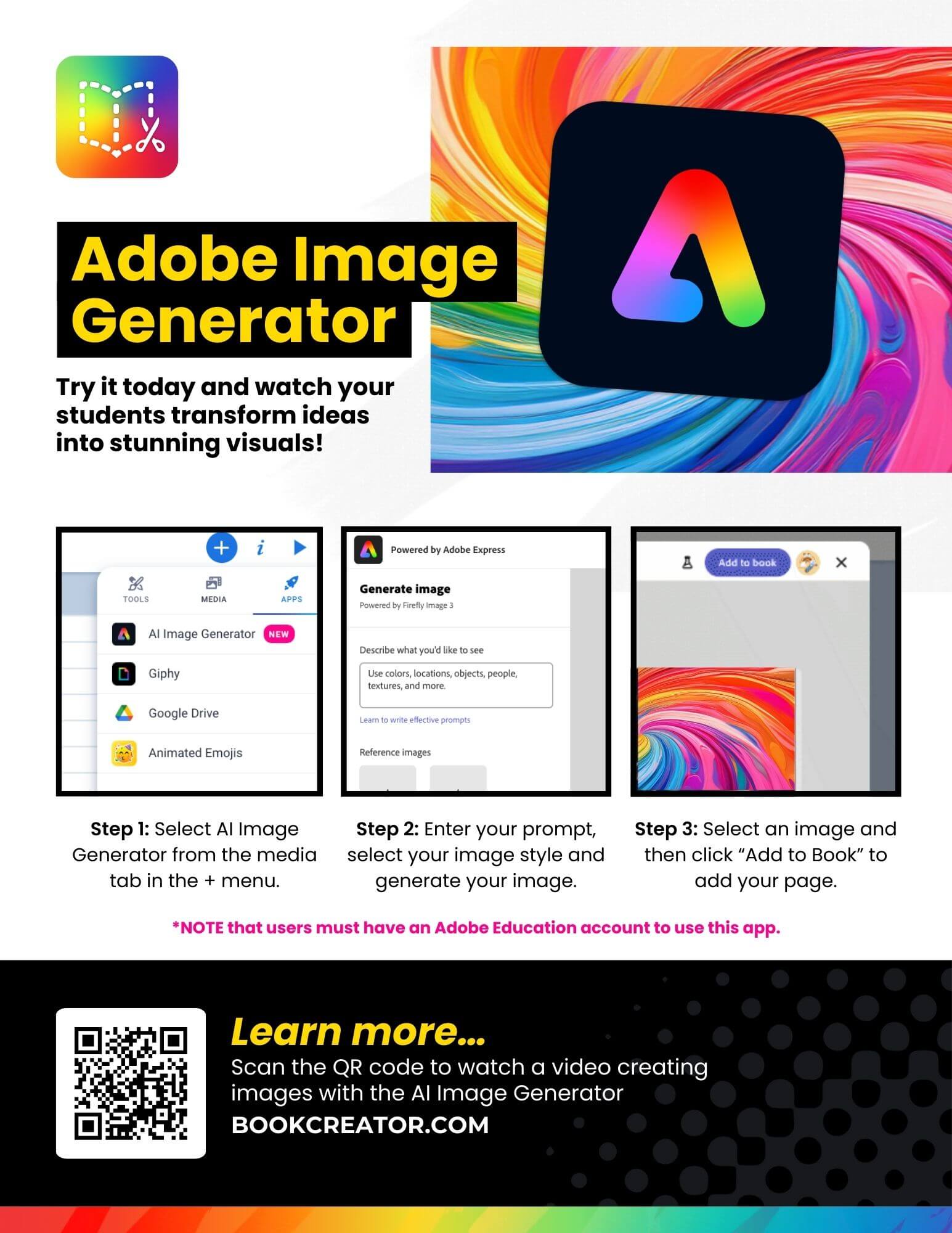A promotional one-pager for the Adobe Image Generator in Book Creator. The top section has a colorful background with the Book Creator logo on the left and the Adobe Express logo on the right. The title, "Adobe Image Generator", is in bold yellow and white text, followed by a tagline: "Try it today and watch your students transform ideas into stunning visuals!"
