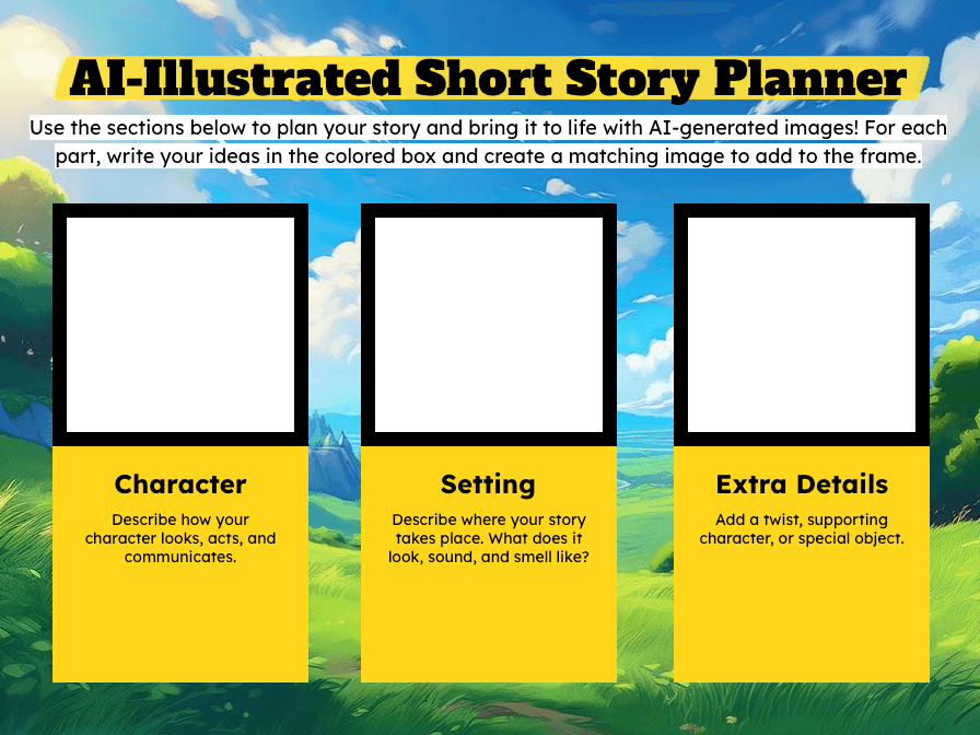 Interactive ‘AI-Illustrated Short Story Planner’ template with three columns labeled Beginning, Middle, and End. Each column includes a text box for story ideas and a frame for inserting AI-generated images.