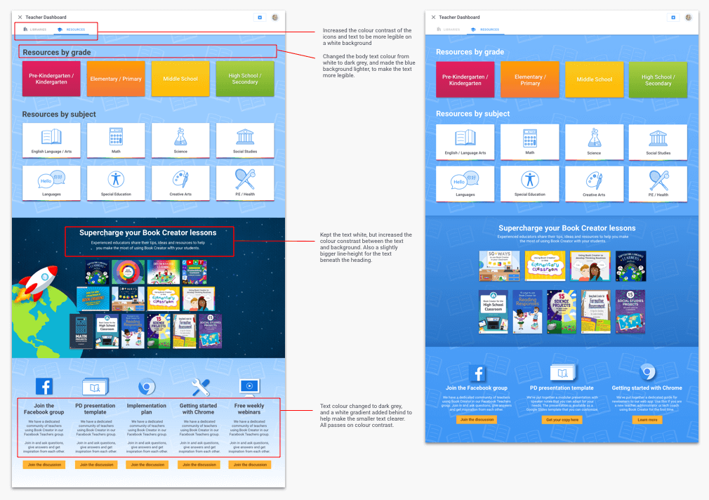 Before and after screenshots with improved color contrast