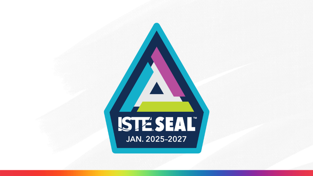 Image of the ISTE Seal of Alignment badge for January 2025 to 2027, featuring a triangular design with vibrant blue, green, and pink elements and a modern logo style.